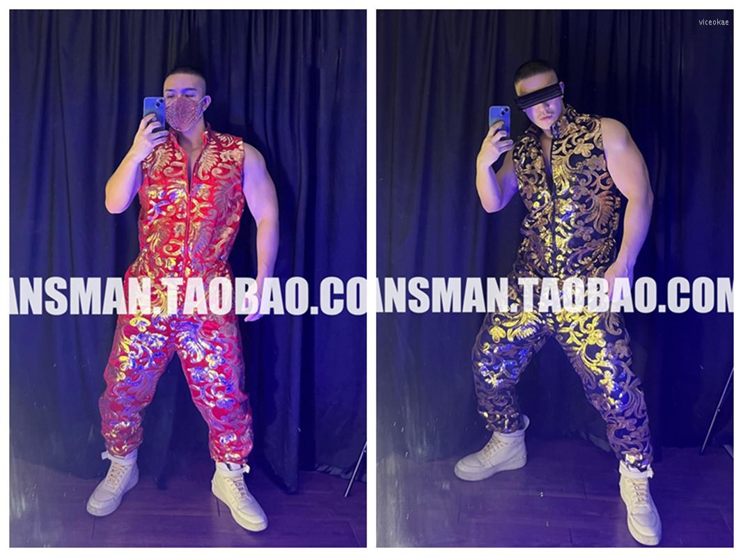 

Men' Tracksuits Colorful Shiny Embroidery Sleeveless Jumpsuit Bar Nightclub Singer Christmas Business Performance Costume Men Hombre Gold