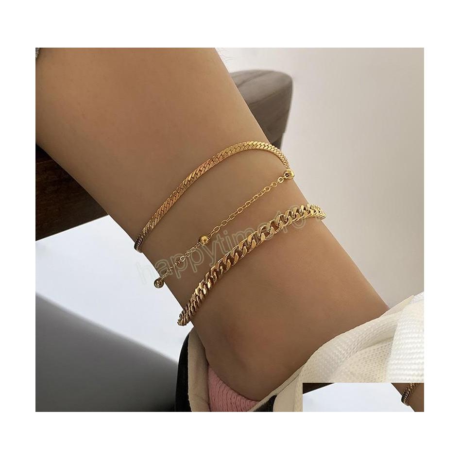 

Anklets Retro Fashion Geometric Flat Snake Chain Copper Bead Anklet Set Ladies Creative Hip Hop Simple Hollow Anklets Girl Jewelry G Dh59N