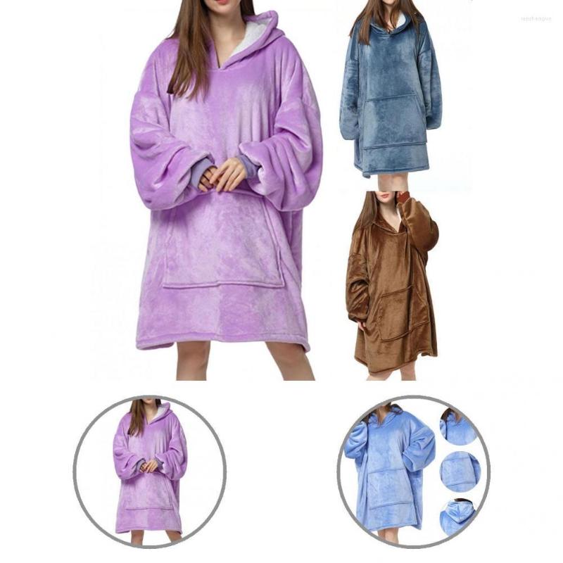 

Women's Sleepwear Chic Home Wear Loose One-Piece Plush Big Pocket Winter Nightgown Hoodie, Black