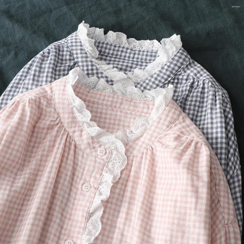 

Women's Blouses Lamtrip Ruffles Patchwork Plaid Long Sleeve Cotton Yarn Shirt Blouse, Pink