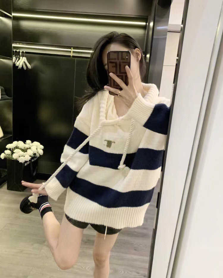 

Women' Jacket Sweater Coat Cell 22FW Celebrity 22 Autumn and Winter Sweet Girl Style Black White Stripe Hooded Wool Knitwear CoatElega B27F