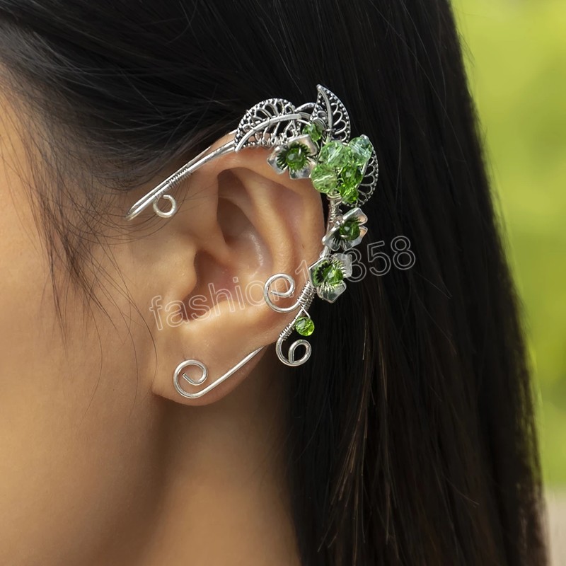 

Green Crystal Ear Cuff Wed Bridal Vintage Leaves Clip on Earrings Fake Piercing Aesthetic Women Jewelry