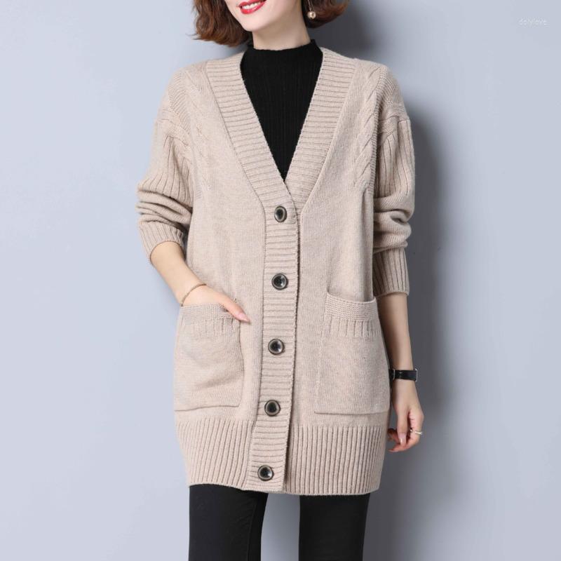 

Women's Knits #4029 Single Breasted Cardigan Women Loose Pockets Casual Knitted Coat Long Sleeved Sweaters Knitwear Spring Autumn, Dark gray