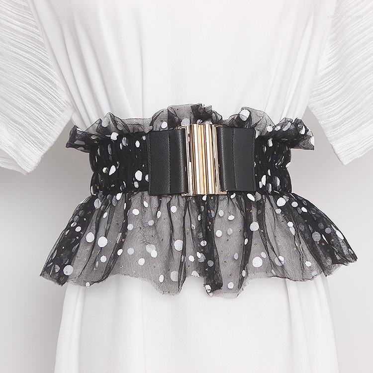 

Belts Women Elastic Belt Wave Dot Waistband Elegant Metal Buckle Cummerbunds Trendy Wide Waist Skirt Dress Decoration Accessories, White