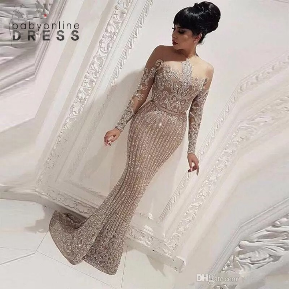 

Sparkle Silver Sequined Evening Dresses Formal Elegant Long Sleeve Mermaid Arabic Dubai Prom Dress Party Gowns abendkleider, Coral