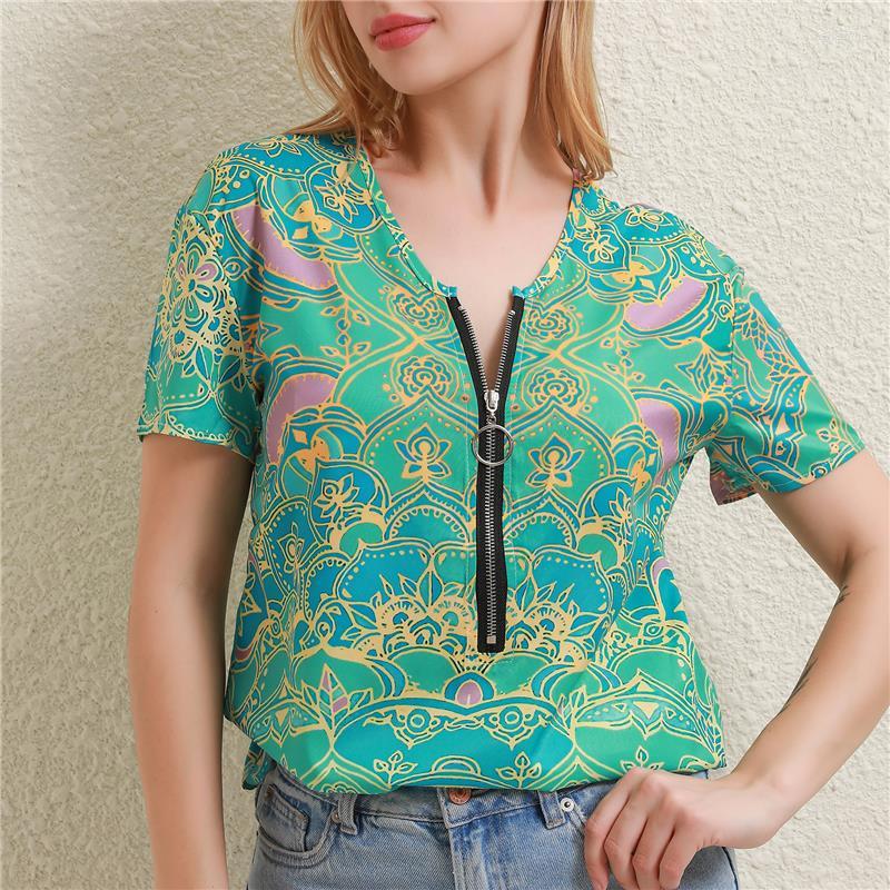 

Women's Polos Summer Retro Tees Print Deep V Neck Tshirt Loose Zipper Short Sleeve T-shirt Female Casual Shirt Fashion Women's Tops, Purple