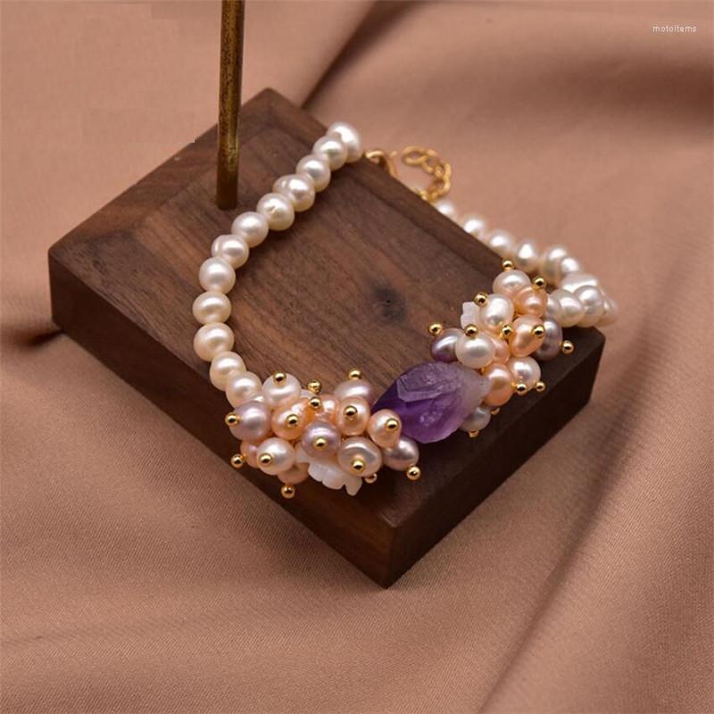

Link Bracelets Adjustable Natural Freshwater Baroque White Pearl For Girl Friend Gifts Luxury Purple Stone Jewrlry Accessories