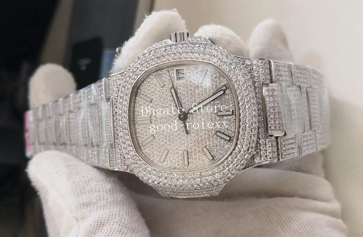 

Top Men's Automatic Watch Platinum Miyota Cal.9015 Movement 324 SC Full Pave Diamond Dial Bracelet Case 5711 Rhinestone Men 5719 Eta Watches, Box