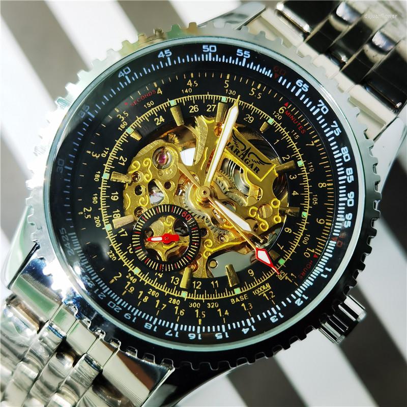

Wristwatches Jaragar Calibration Dial Display Golden Movement Transparent Case Luxury Male WristWatch Automatic Mechanical Watches For Men, Silver black