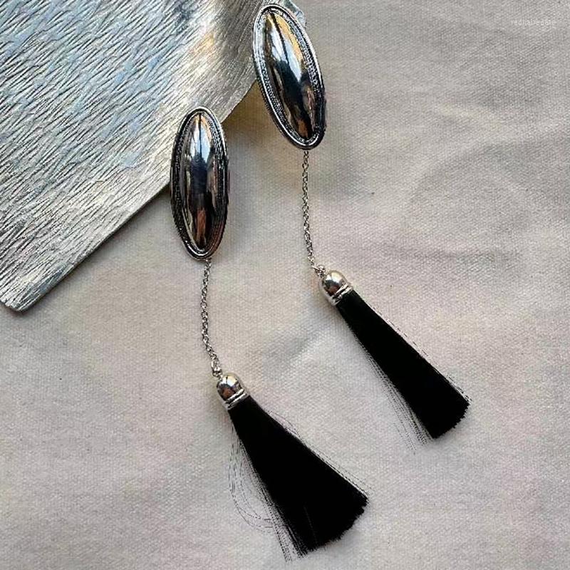 

Dangle Earrings Vintage Metal Oval Drop For Women Elegant Black Silk Fabric Fringe Tassel Earring Geometric Boucle Oreille Fine Jewelry