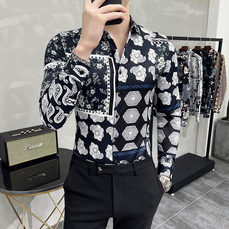 

Men's Casual Shirts Autumn Street Wear Vintage Flower Print Long Sleeve Men Social Club Prom Tuxedo Shirt Plus Size, 2841