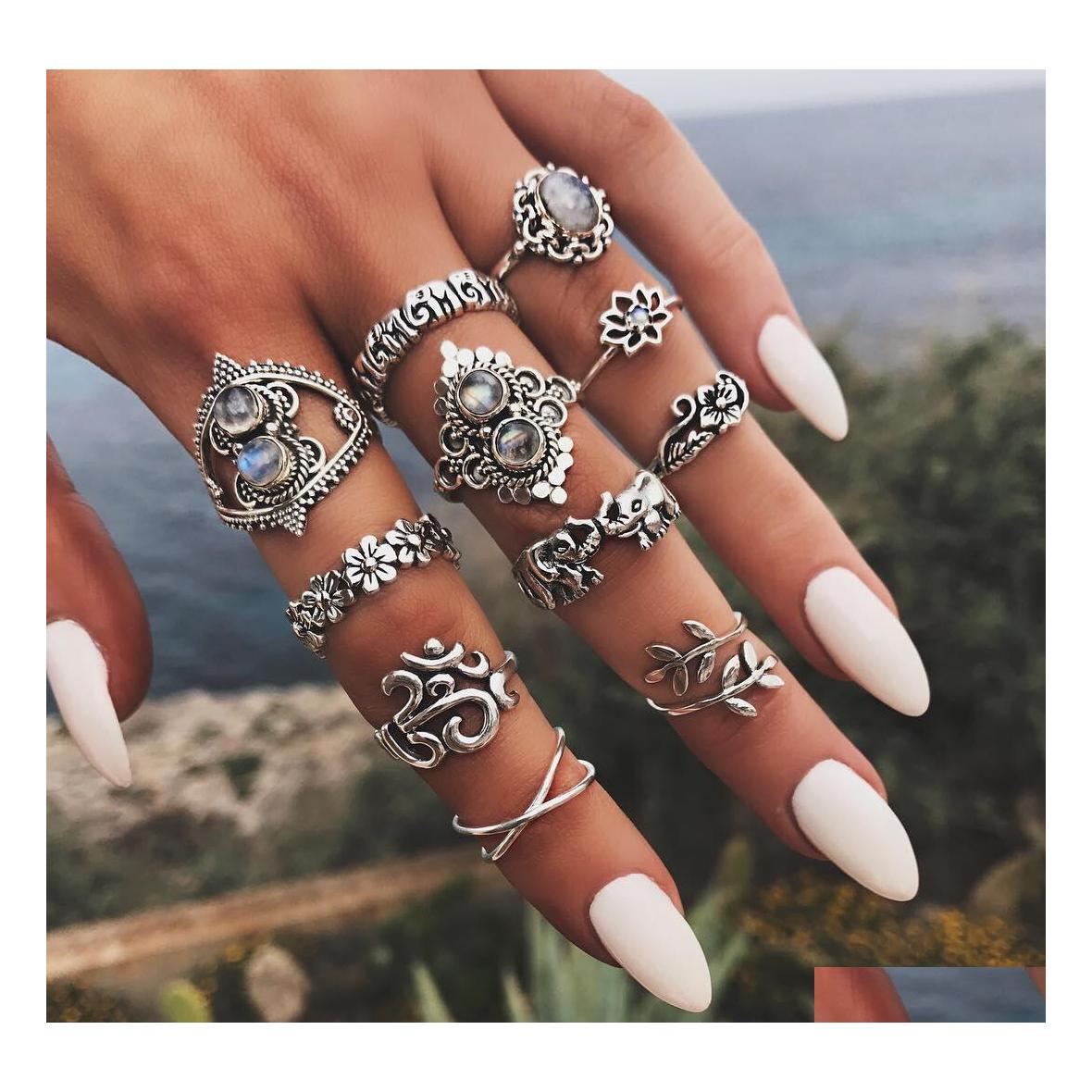 

Band Rings Fashion Jewelry Ancient Sier Knuckle Ring Set Flowers Elephant Crown Leaf Yoga Stacking Rings Midi 11Pcs/Set Drop Delivery Dhsc5
