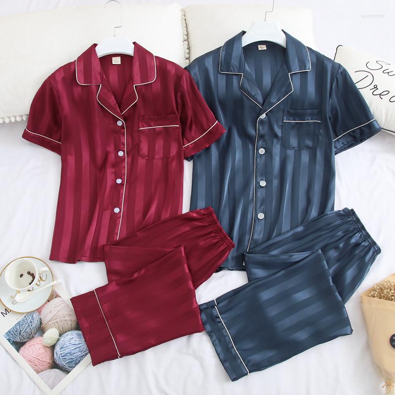 

Men's Sleepwear Summer Satin Striped Pyjamas Suits 2PCS Cardigan Male Short Sleeve Nightwear Elastic Waist Pajamas Sets Men Loungewear, Ink blue