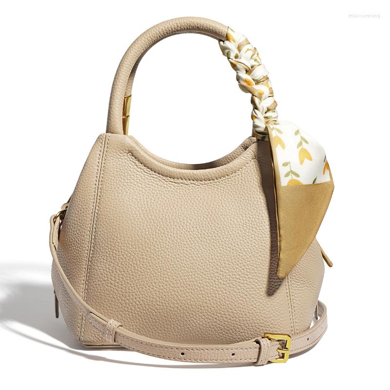 

Evening Bags Lychee Pattern Cowhide Bucket Bag Luxury Designer Handbag 2022 Premium Casual Real Leather Women's Single Shoulder, Beige