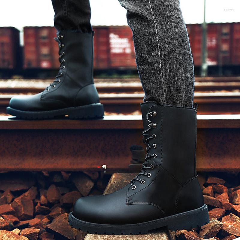 

Boots Motorcycle Men Winter Shoes Warm Waterproof PU Leather Footwear Cowboy Tactical Casual, Black