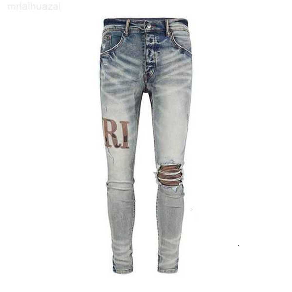 

Panther Print Army Green Distressed Jeans for Men and Women: Slim Straight Fit with Rabbit Sticker Embroidery and Biker Style, 12