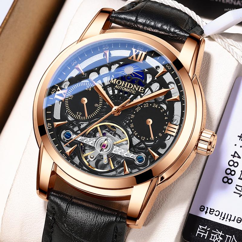 

Wristwatches 2022 Automatic Mechanical Watches Men Moon Phase Waterproof Sport Casual Leather Wristwatch Tourbillon Watch, Rose gold white