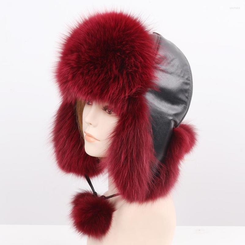 

Berets 2022 Russia Winter Lady Real Fur Hat Natural Soft Genuine Cap Women Fashion Casual Warm Leather Bomber Hats, Black
