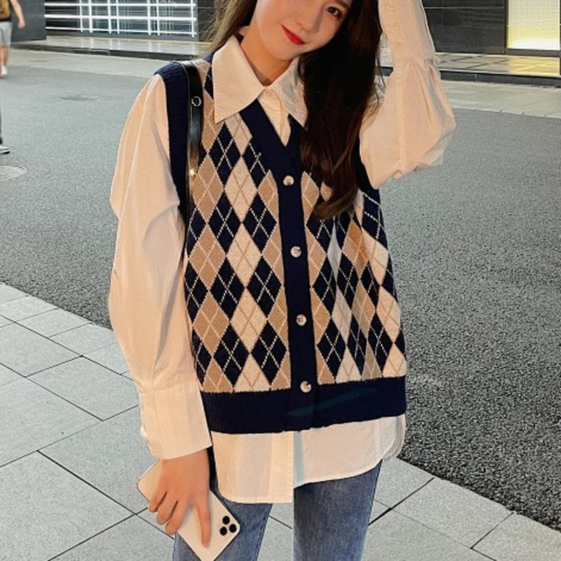 

Women' Vests High Street Vintage Plaid Sweater Vest Women Sleeveless Korean Loose Knitted Jacket Female 2022 Autumn Business Chic, Blue plaid vest