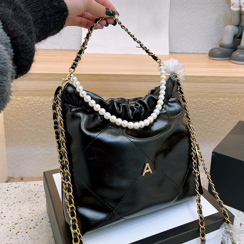

Designer Women 22 Hobo Quilted Mini Shopping Bag France Luxury Brand C Pearls Chain Drawstring Cross Body Straps Tote Handbag Lady Oil Wax Leather Small Shoulder Bags, Pink