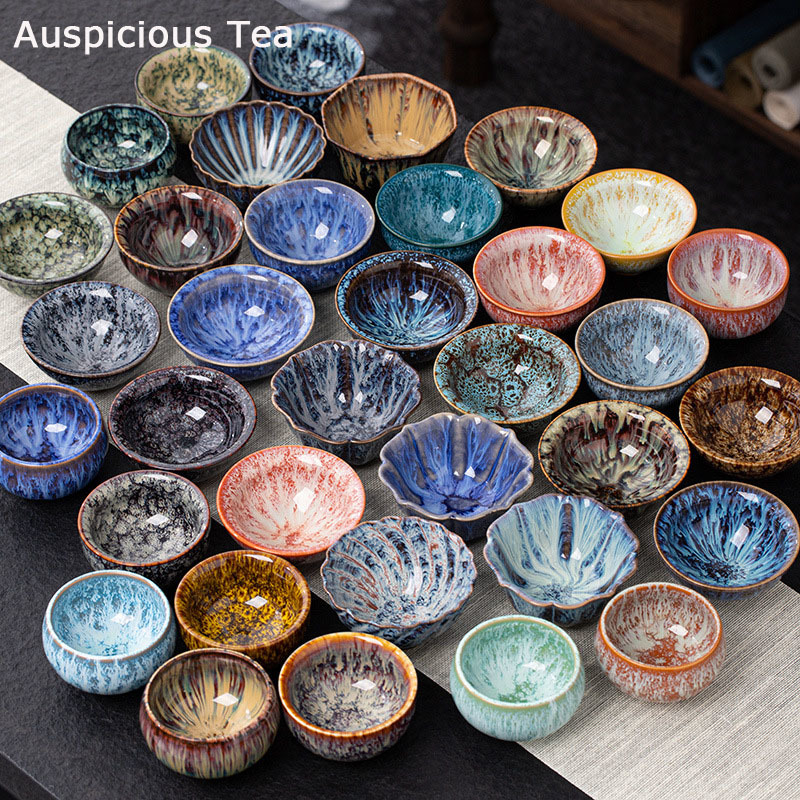 

Tea Tools Vintage Multicolor Kiln Fambe Ceramic Teacup Japanese Style Retro Handmade Cup Temmoku Glaze TeaSet Home Tea Bowl Master
