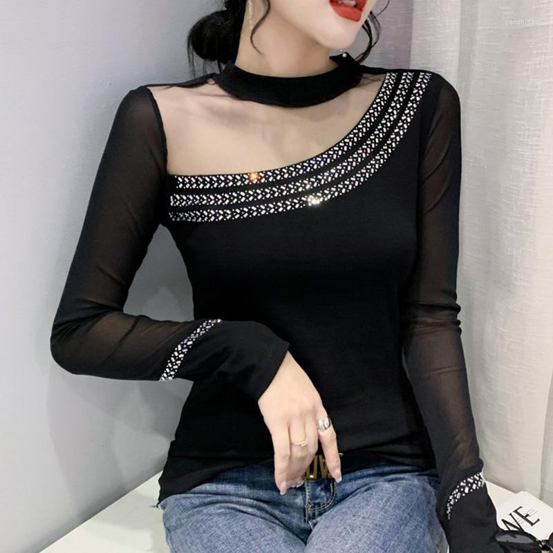 

Women's T Shirts 2022 Autumn Long Sleeved Women T-Shirt Fashion Casual Stand Collar Drilling Mesh Tops -3XL Solid Color Blusas Shirt, Black