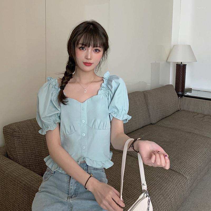

Women's Blouses Summer Style French Personality Square Collar Shirt Wooden Ears Puff Sleeves Slim Short Coat College Blouse Female, Blue