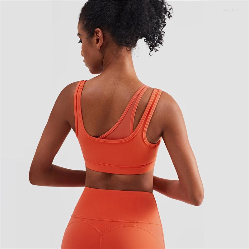 

Yoga Outfit Top Women Sports Bra Seamless Mesh Panel One Shoulder Fake Two Piece Sexy Lingerie Running Gym Workout, Green