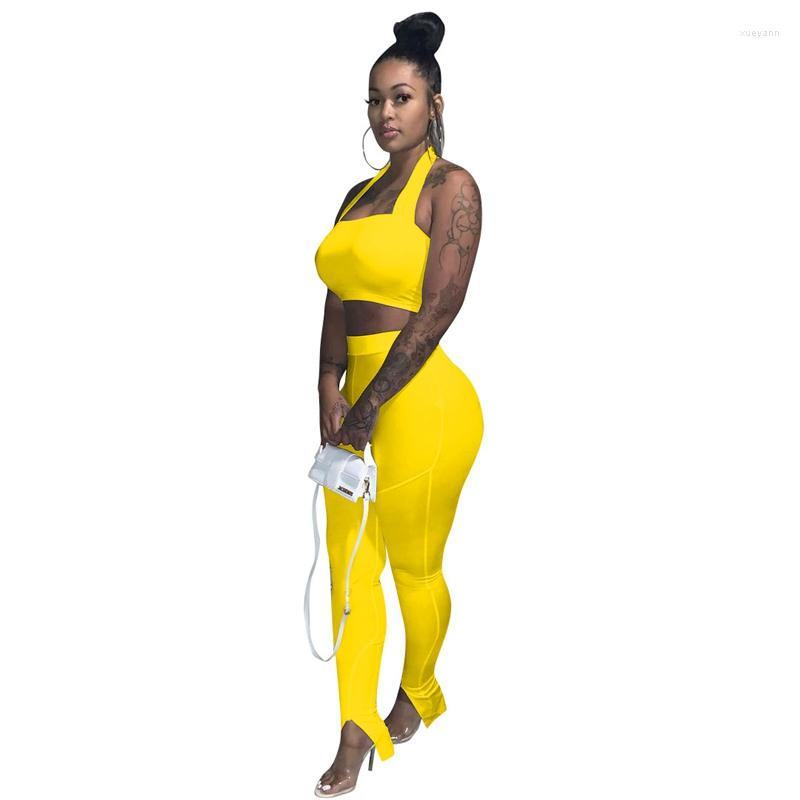 

Women' Tracksuits Spring Bodycon Two Piece Set Women Casual Halter Crop Top Slit Flare Pants Streetwear Solid Club Outfits For Clothing, Black