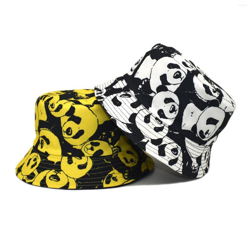 

Berets Double Sided Wear Kawaii Panda Print Panama Bucket Hat Men Women Summer Cap Hip Hop Reversible Fisherman Outfits, White