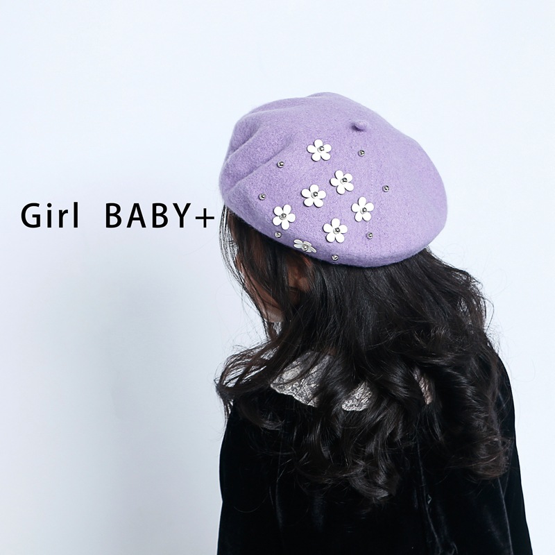 

Girls Wool Autumn Winter Baby Girl Hat with Flowers Vintage Kids Beret Cap Baby Accessories Black Pink Purple Cream color, Beige