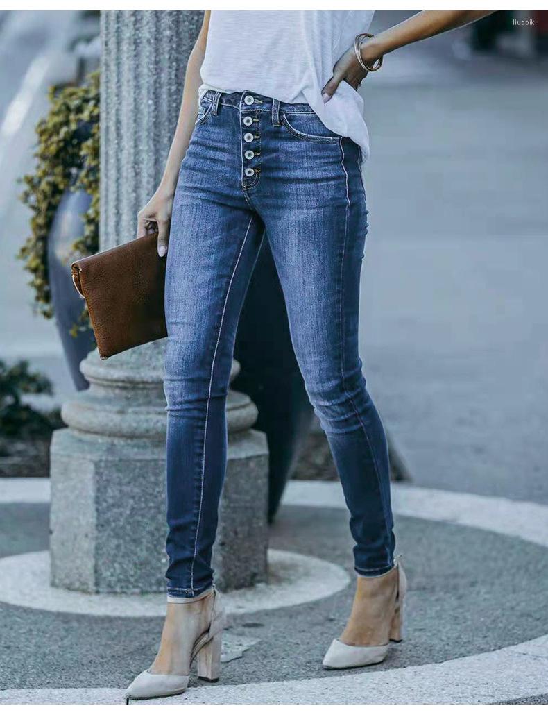 

Women' Jeans 2022 Mid Waist Dark Blue Button For Women Fashion High Stretch Slim Denim Pencil Pants Street Casual Clothes -2XL