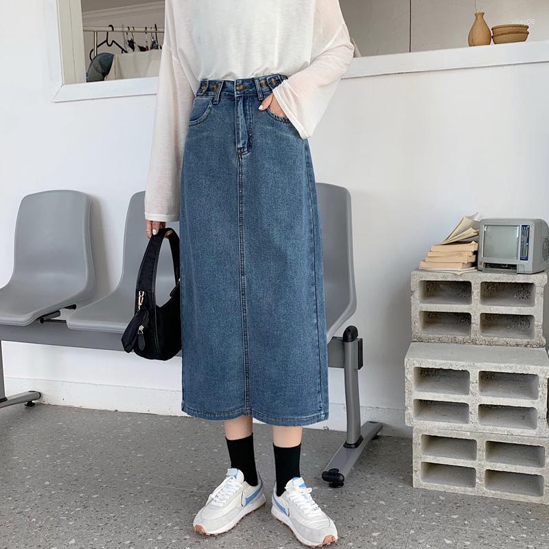 

Skirts High Waisted Jeans Skirt Women 2022 Autumn Button Split Denim Long Chic Slim Bodycon Pencil Blue Jupe Longue Femme