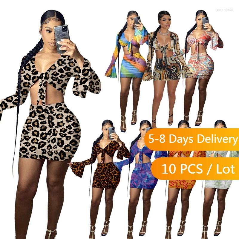 

Work Dresses Wholesale Clothes Leopard Print Sexy Skirts Sets Women Summer Flare Sleeve Crop Top Mini Skirt Set Ruffles Bandage Club Outfits, Blue