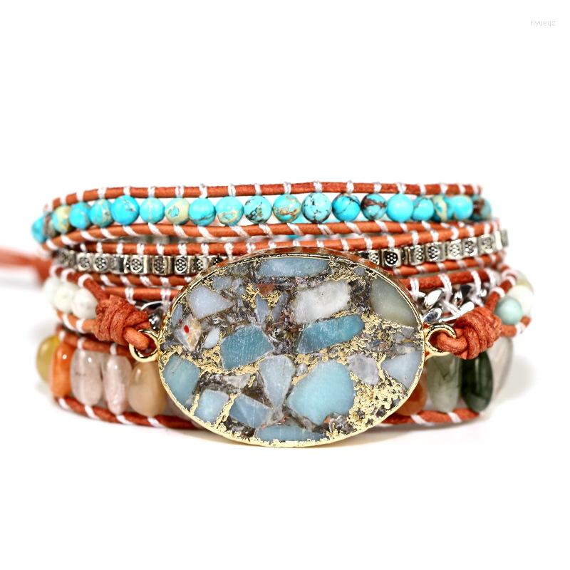 

Strand Boho 5X Leather Wrap Beaded Bracelet Huge OceanStone Bohemian Valentine's Gift 2022