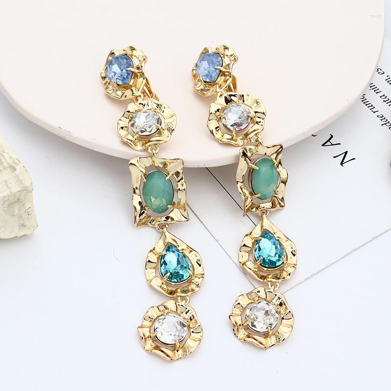 

Backs Earrings European And American Designers Color Stone Inlaid Ear Clips Women's Long