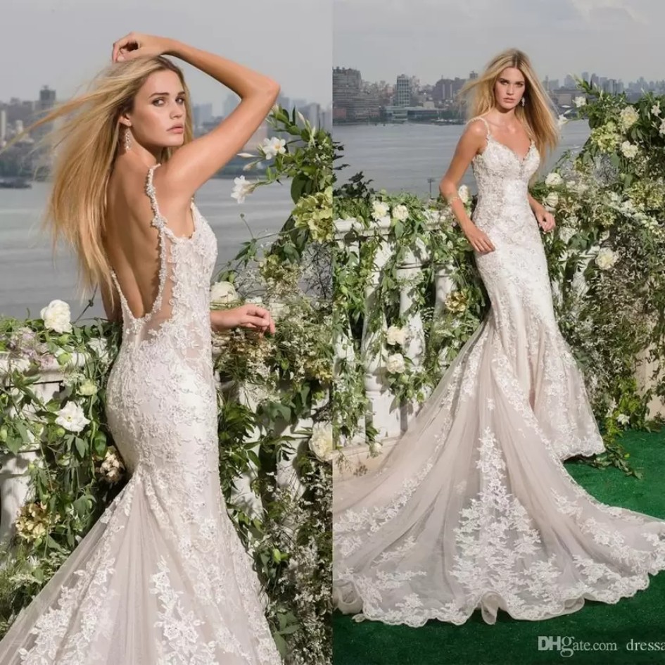 

Sexy Lace Mermaid Wedding Dresses Bridal Gowns Beaded V Neck Spaghetti Straps Backless Chapel Train vestidos de novia BC14770, Pink