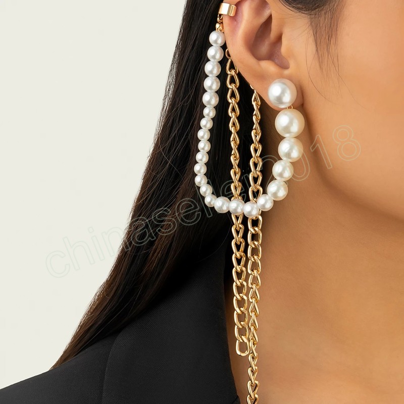

Elegant Imitation Pearl Long Tassel Clip Earrings for Women Wed Bridal Vintage Ear Cuff Piercing Jewelry Accessories