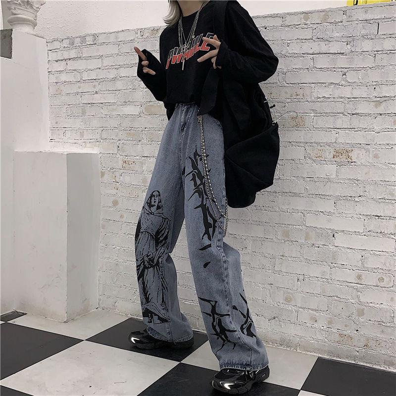 

Women' Jeans 2022 Summer Fashion Ins Street Hip-hop Printing Washed Loose Casual Denim Wide Leg Pants Tide Woman Streetwear, As the photo show