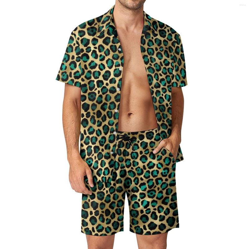 

Men's Tracksuits Teal And Gold Leopard Men Sets Spots Print Aesthetic Casual Shirt Set Short-Sleeved Shorts Summer Beach Suit Plus Size 2XL, Style-18