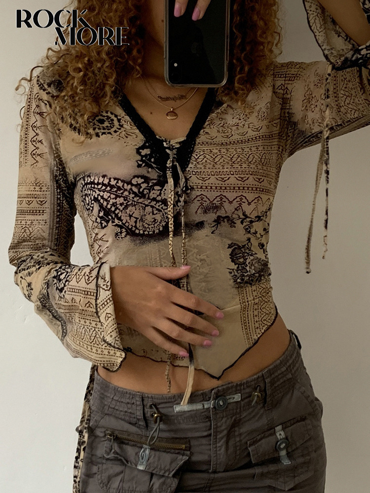 

Women's T Shirt Rockmore Fairy Grunge Print Crop Top Women'S Flare Sleeve Tshirts Aesthetic Retro Harajuku Tie Up V neck Tee 90s Vintage Clothes 221201, Beige