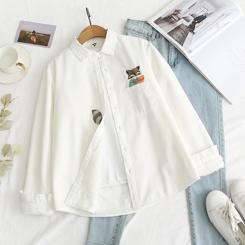

Women' Blouses Embroidery Print Casual 1 Woman Shirt Autumn Winter 2022 Thick Warm Fleece Women Tops And Blouse Female Camisas, White