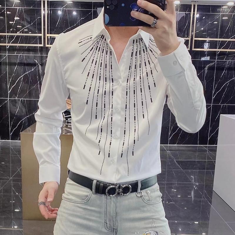 

Men's Casual Shirts 2022 Autumn Long Sleeve Slim Business Formal Dress Men Luxury Striped Rhinestones Shirt Social Party Clothing, Black
