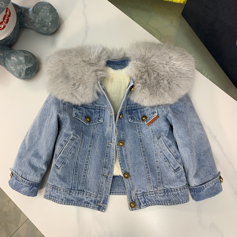 

Baby Designer Jackets Girls' Denim Jacket Plush Winter Clothes 2022 New Fashionable Autumn And Winter Style Children's Little Girl's Thick Wool Collar Top, Denim blue