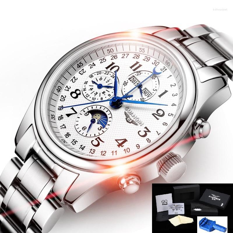 

Wristwatches GUANQIN Watches Men GQ20022 Mens Top Mechanical Leather Stainless Steel Automatic Watch Man, Silver black leather