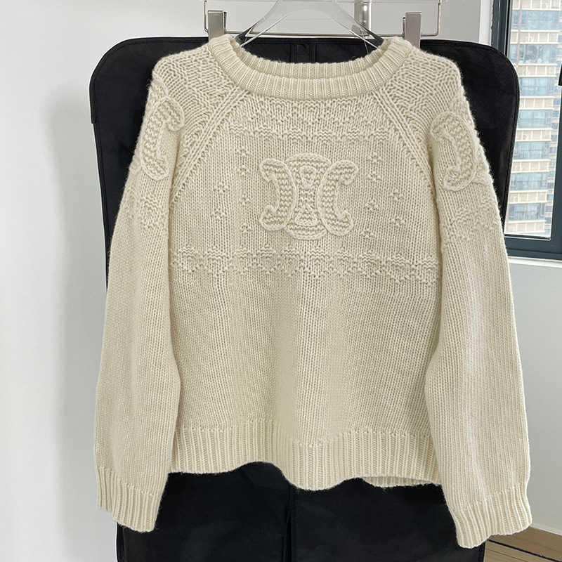 

Women's Jacket Sweater Coat Cell 22FW Celebrity 22 White Knitted Wool Crew Neck Loose SweaterElegant Classic Fashion Designer Niche XO4D, Creamy-white