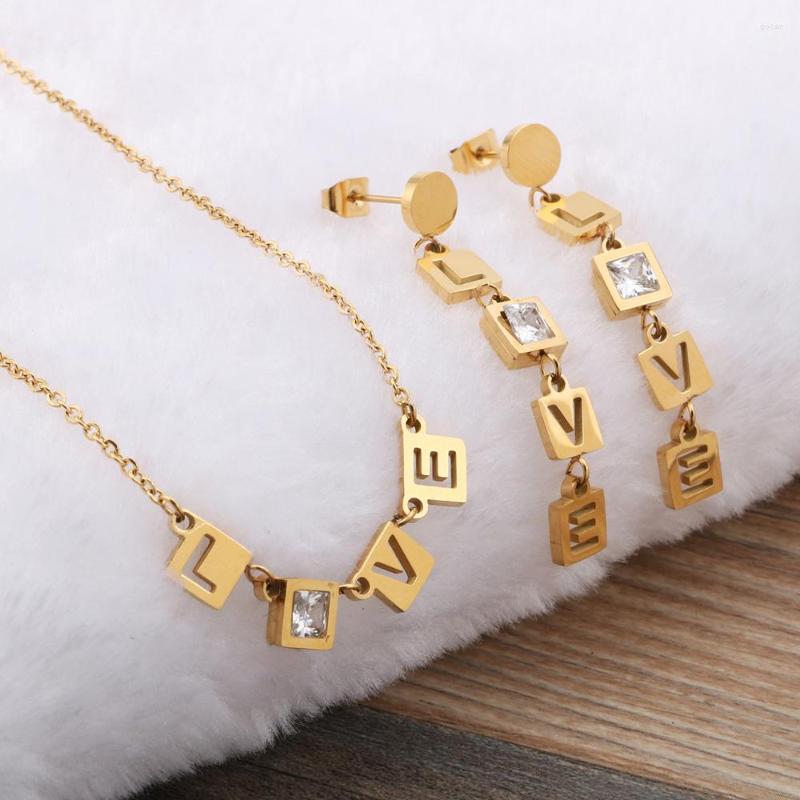 

Necklace Earrings Set Creative Love Zircon Pendant Dangle For Women Girls Korean Fashion Stainless Steel Jewelry Gifts, Picture shown