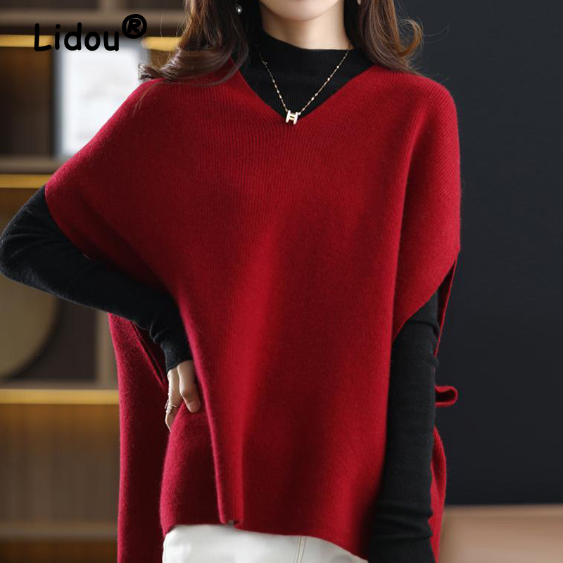 

Women's Vests Pullovers Elegant Fashion Sleeveless Batwing Sleeve V-Neck Loose Warm Solid Knitted Tops Spring Autumn Sweater 221201, Apricot