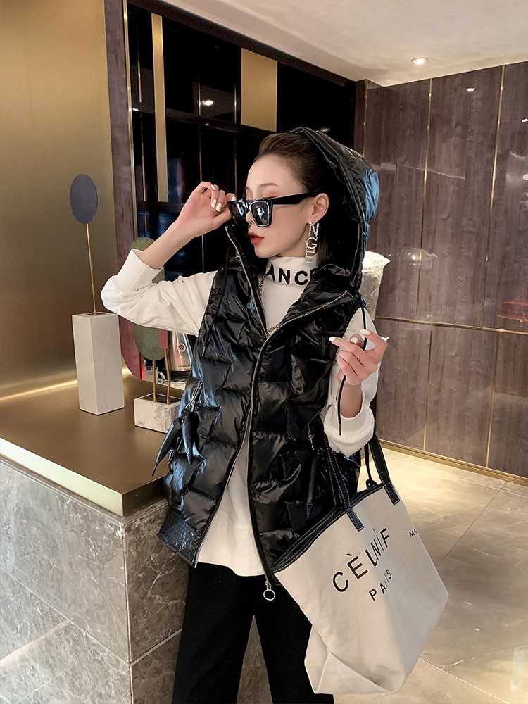 

Women's Vests Glossy Winter Waistcoat Women Sleeveless Hoodies Jacket Casual Hooded Waistcoat Thick Warm Vest Outwear 221202, Gold