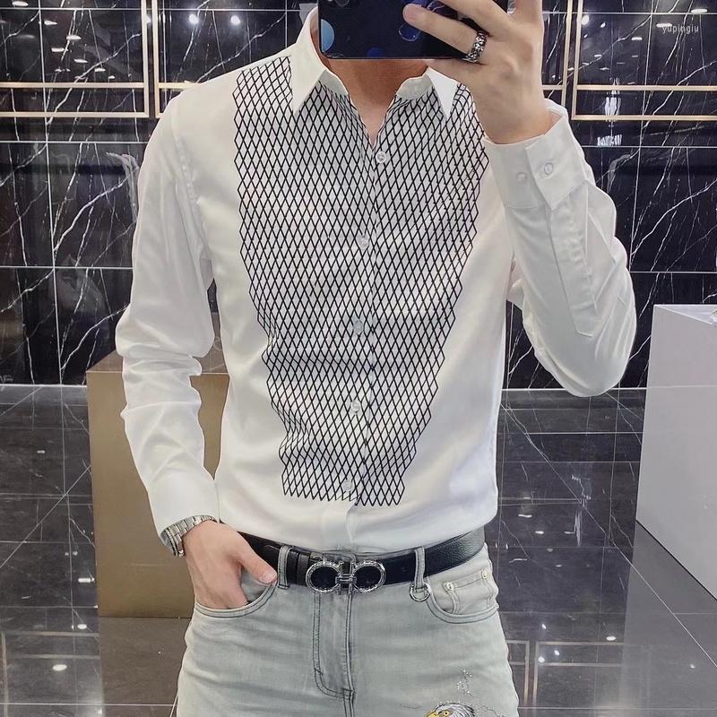 

Men's Casual Shirts Contrasting Printed Rhinestones Men Autumn Long Sleeve Slim Business Formal Dress Shirt Social Party Tuxedo Blouse, Black